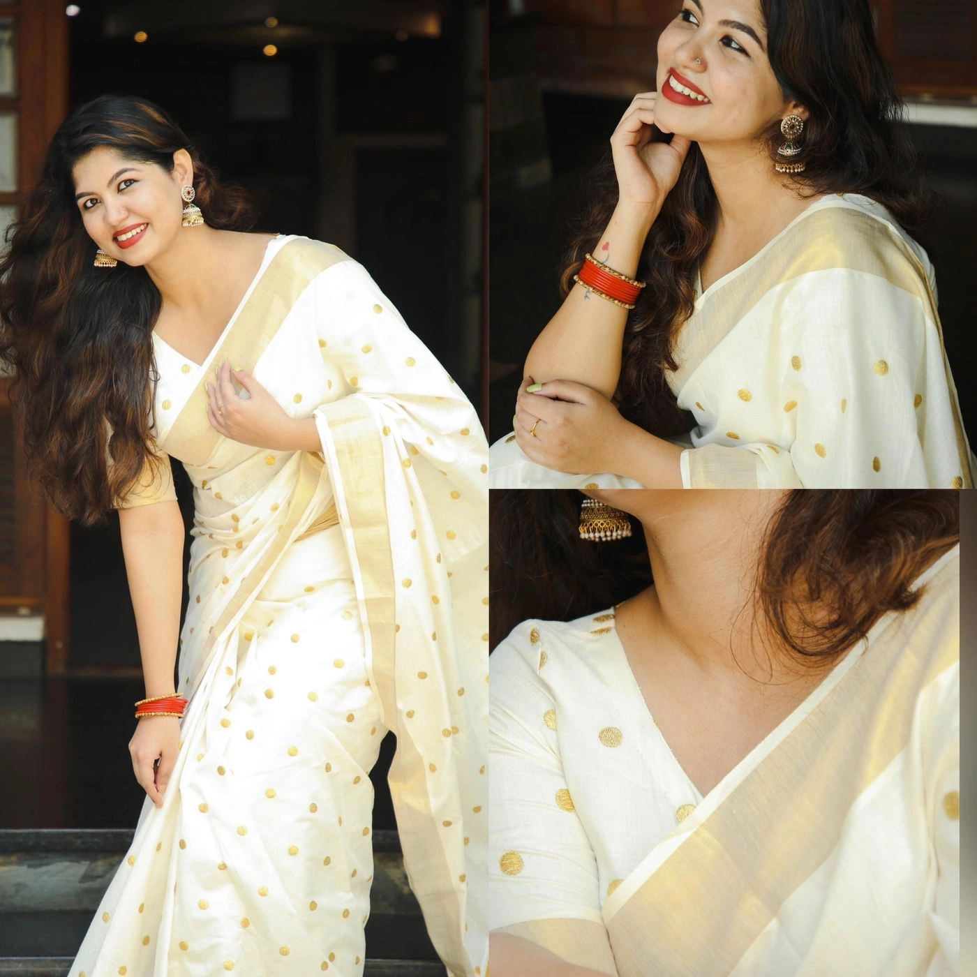 Tryloom Premium White Small Gold Polka Cotton Saree | Elegant Golden Butta Border Onam Saree for Women 3