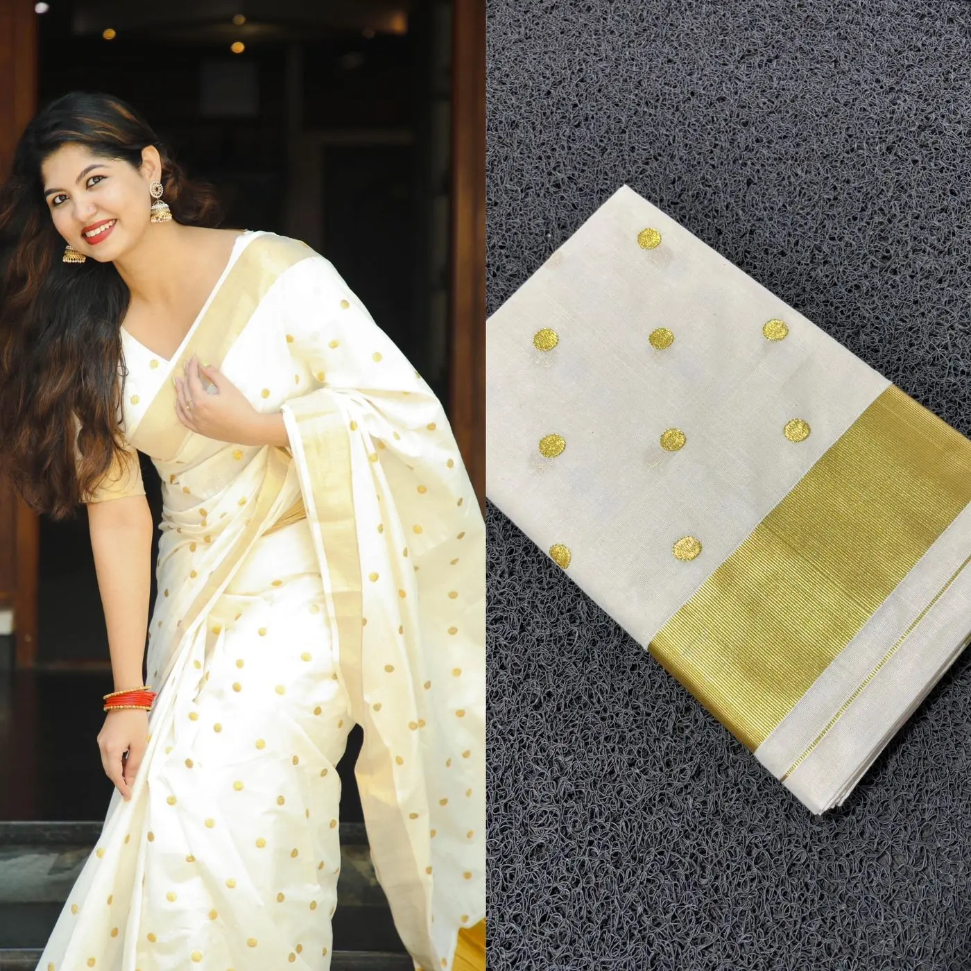 Tryloom Premium White Small Gold Polka Cotton Saree | Elegant Golden Butta Border Onam Saree for Women 6