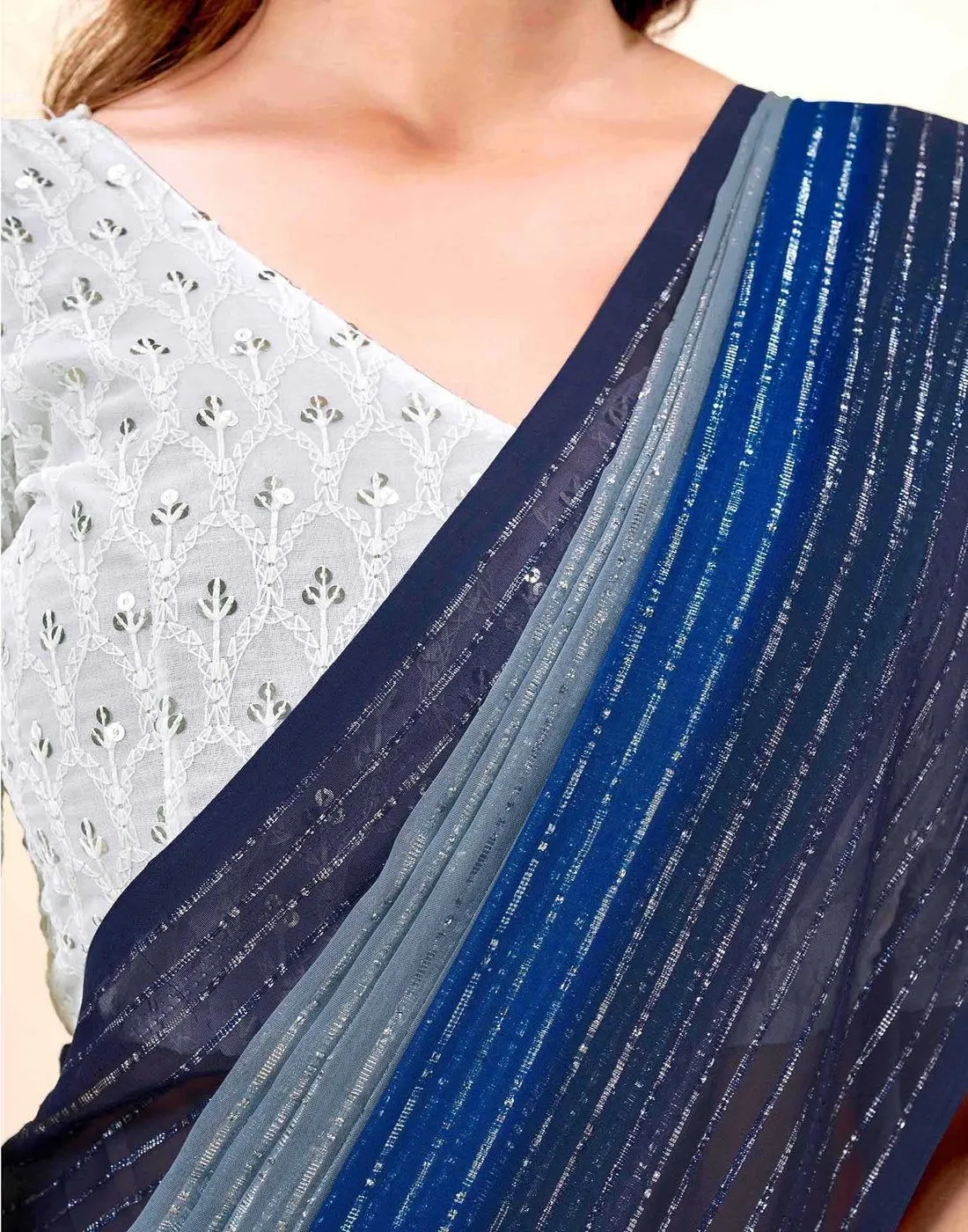 Tryloom Navy Blue Georgette Zari Stripe Saree 5