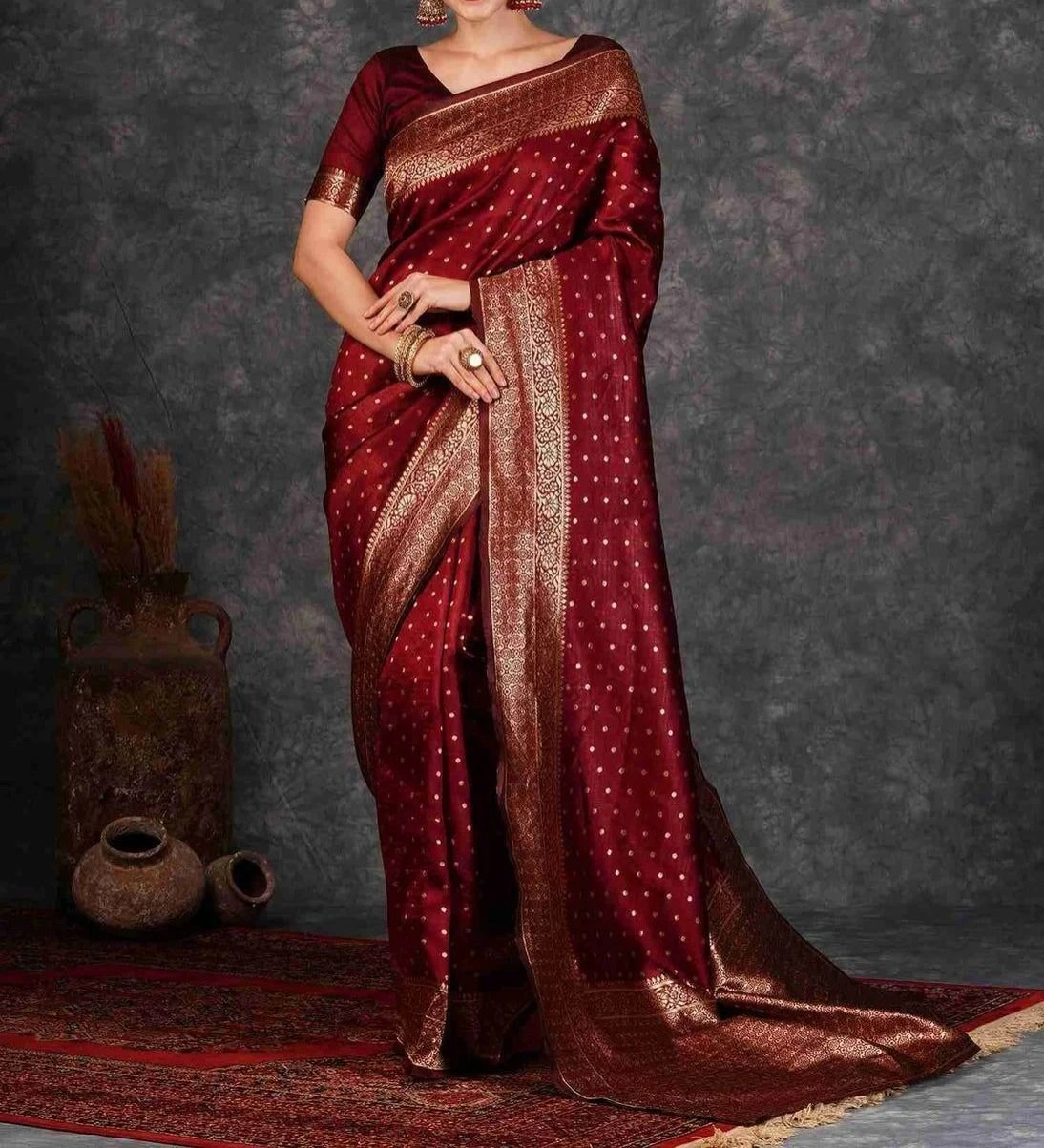 Tryloom Maroon Silk Woven Banarasi Saree 1