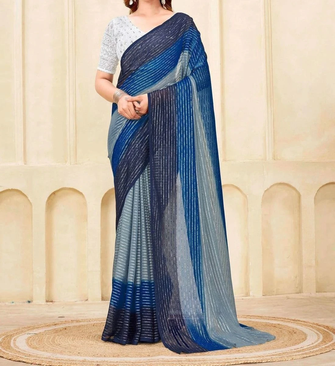 Tryloom Navy Blue Georgette Zari Stripe Saree 1
