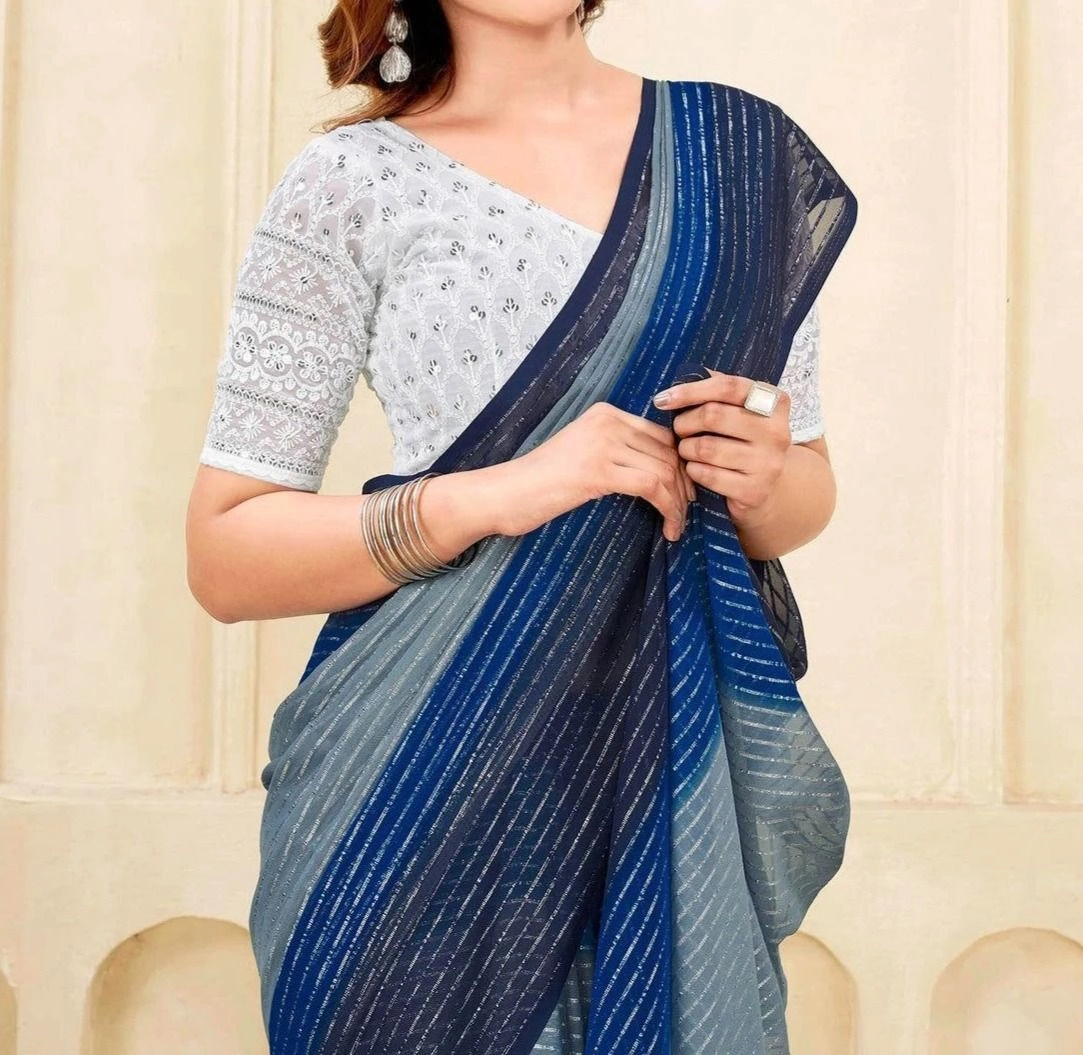 Tryloom Navy Blue Georgette Zari Stripe Saree 2