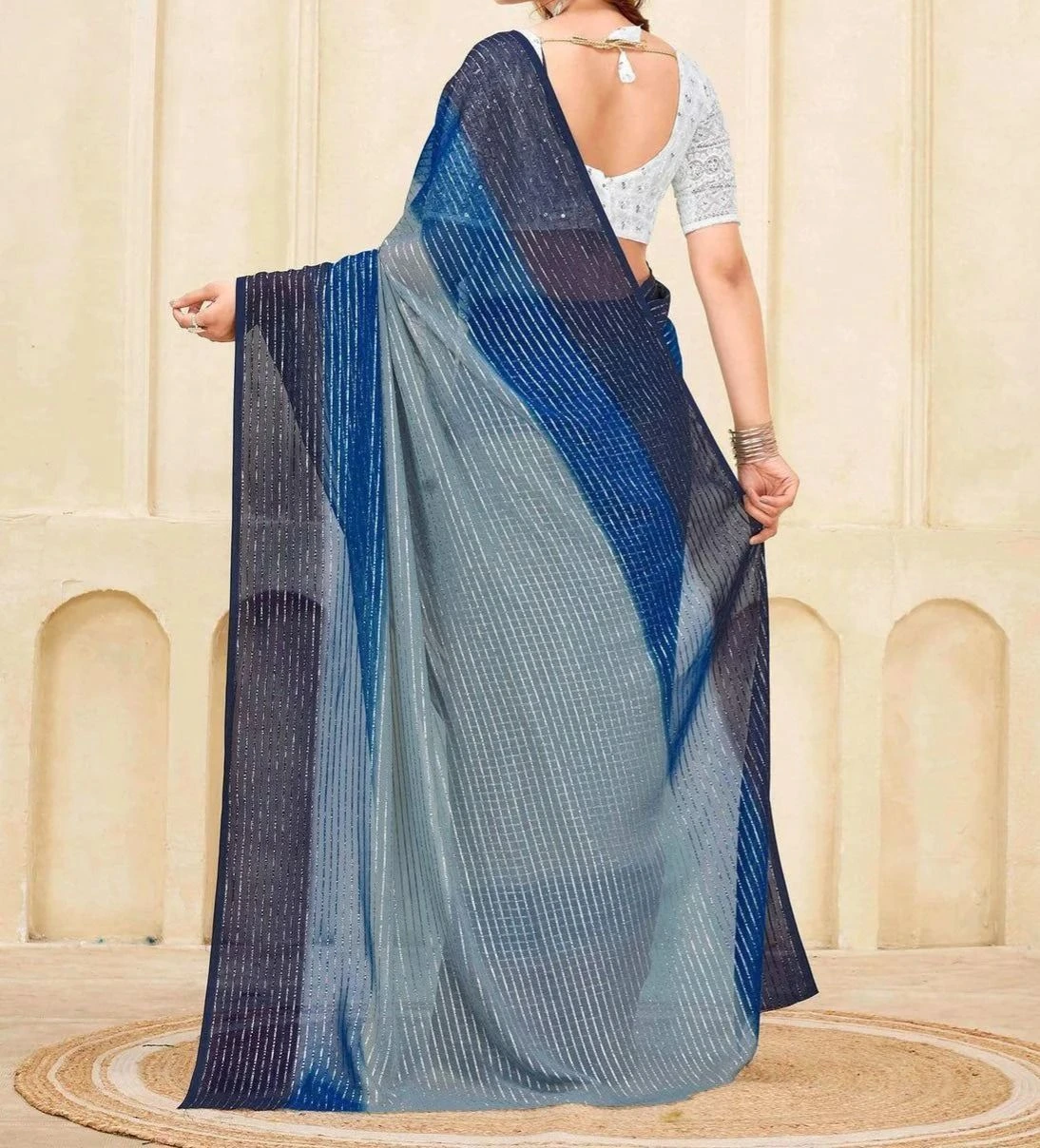 Tryloom Navy Blue Georgette Zari Stripe Saree 3