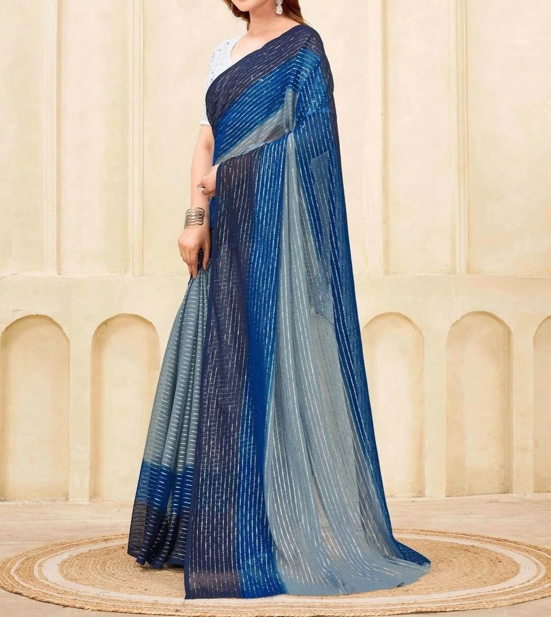Tryloom Navy Blue Georgette Zari Stripe Saree 4