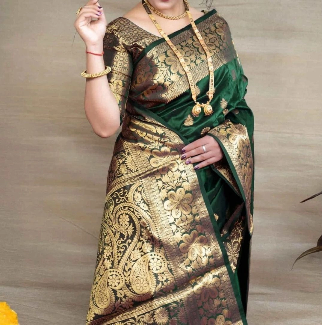 Tryloom Dark Green Silk Woven Banarasi Saree 3