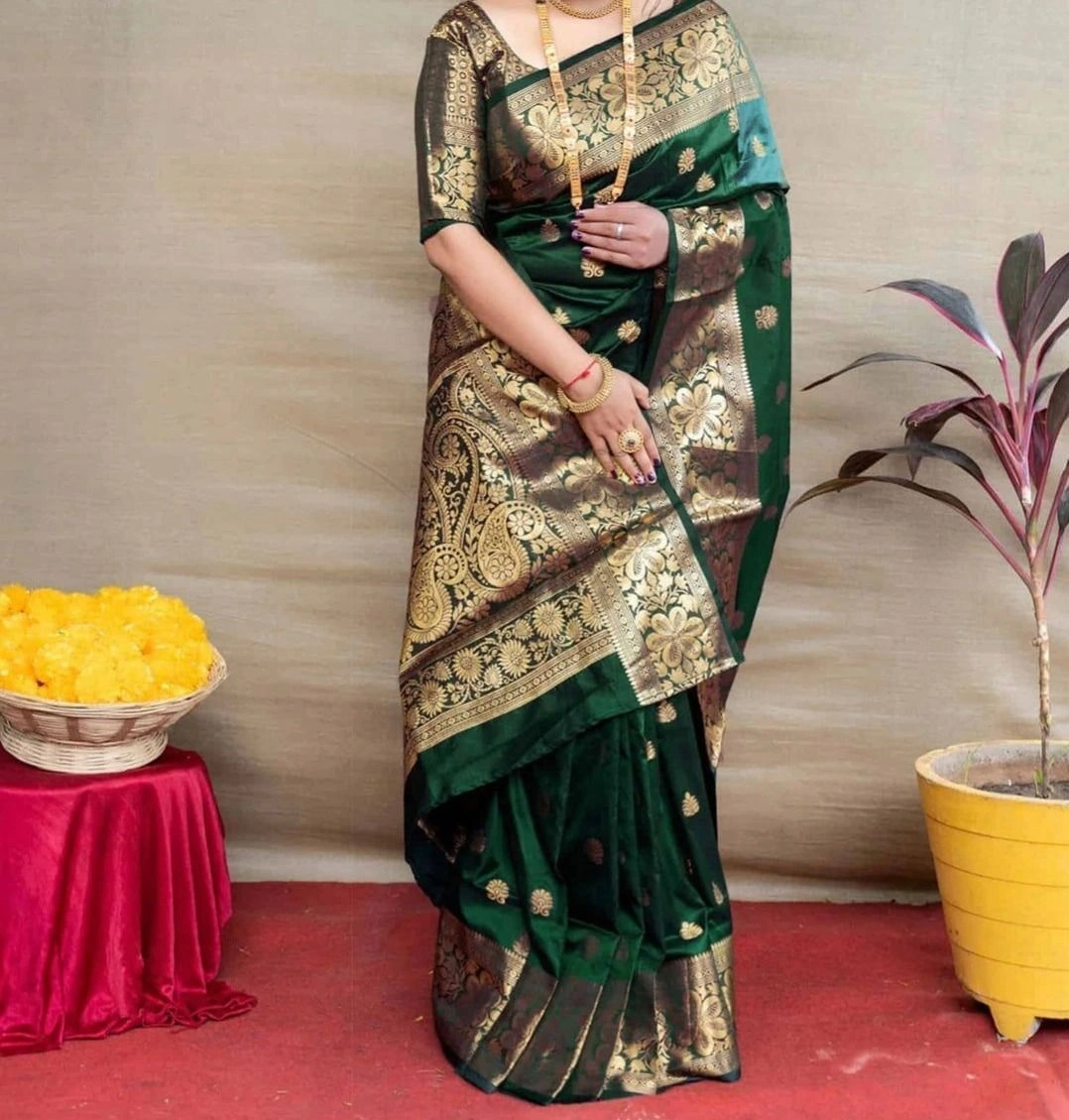 Tryloom Dark Green Silk Woven Banarasi Saree 1