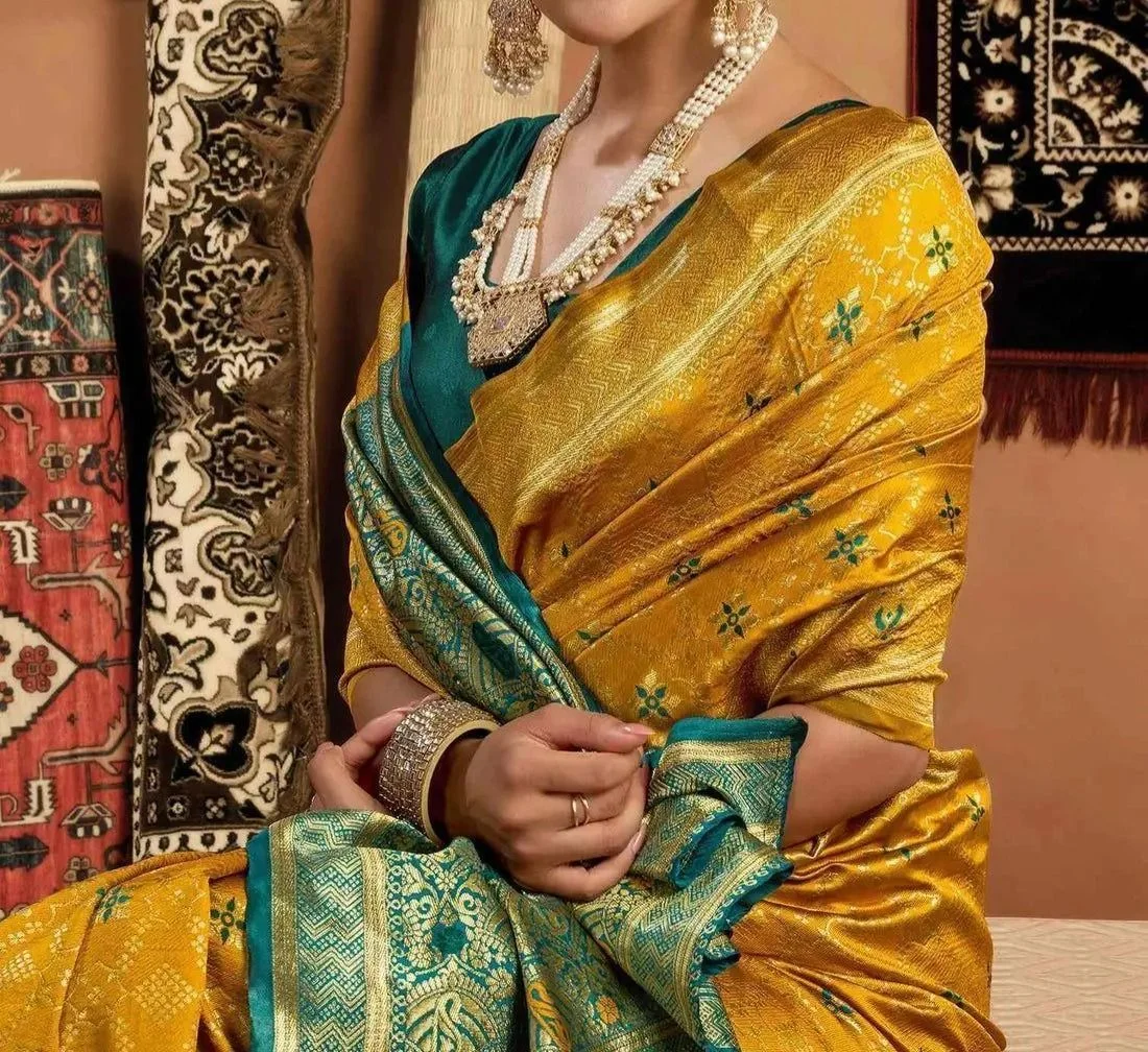 Tryloom Shweta Tiwari Amber Yellow Banarasi Silk Saree 2