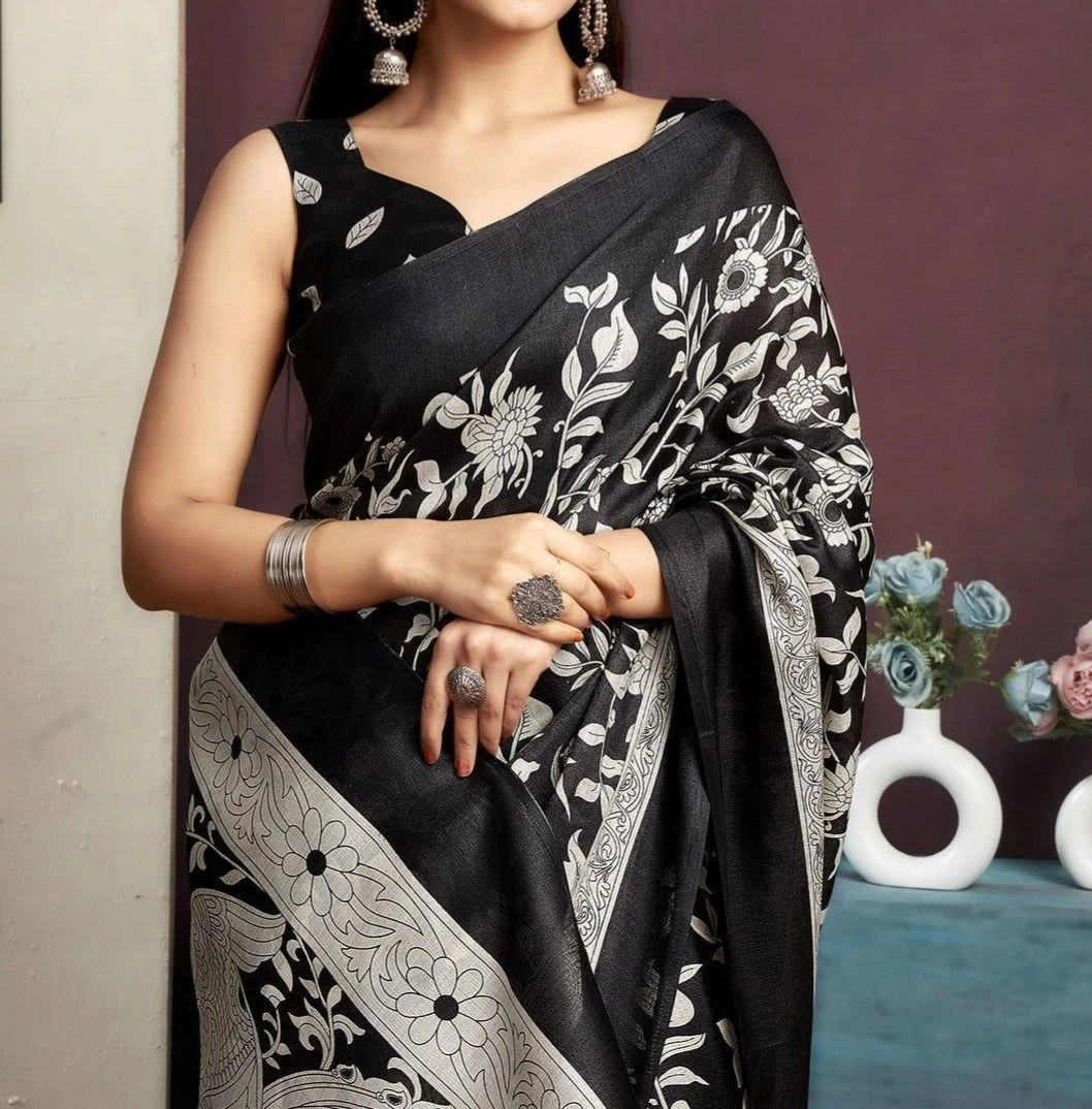 Tryloom Black Cotton Blend Printed Saree 1