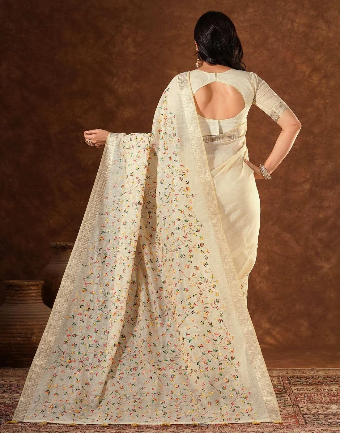Tryloom Beige Linen Embroidery Onam Saree 5
