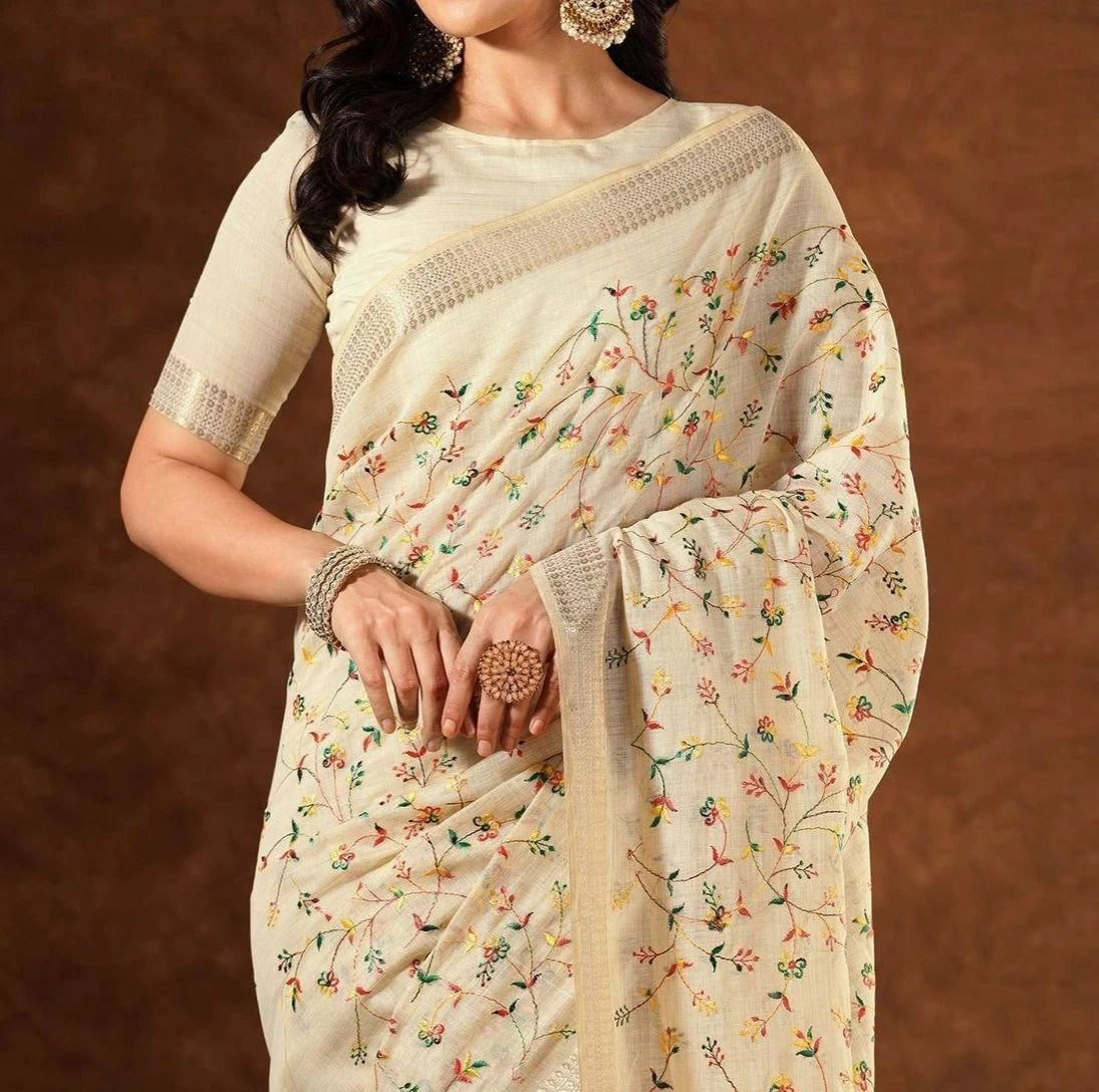 Tryloom Beige Linen Embroidery Onam Saree 2