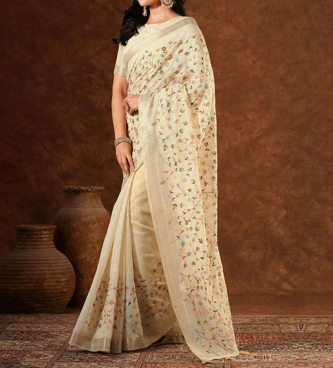 Tryloom Beige Linen Embroidery Onam Saree 3