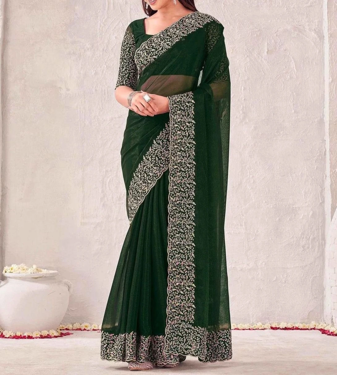 Tryloom Dark Green Chiffon Embroidery Saree 1