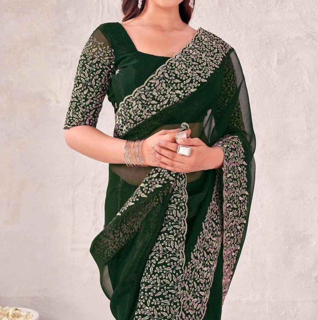Tryloom Dark Green Chiffon Embroidery Saree 3