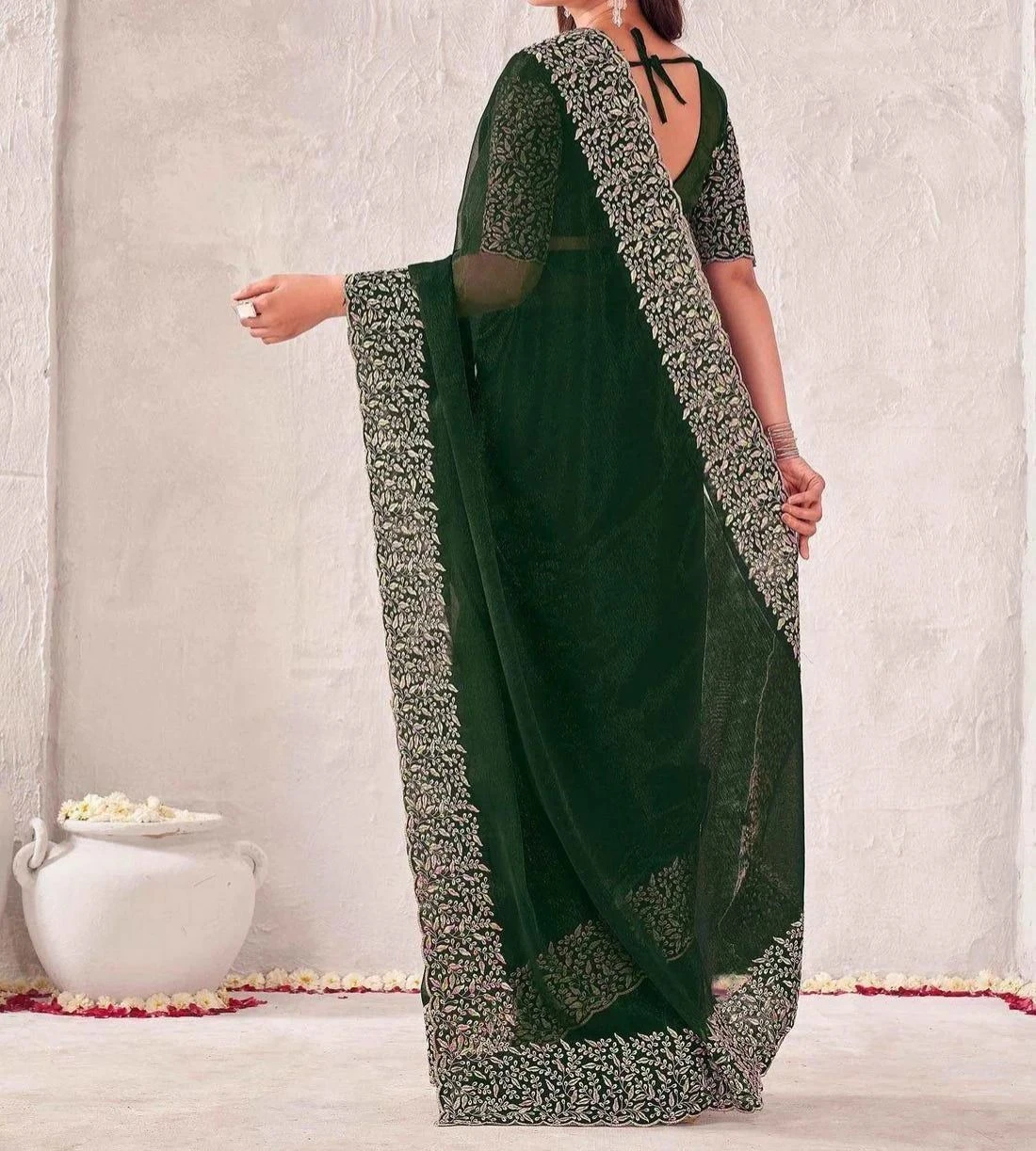 Tryloom Dark Green Chiffon Embroidery Saree 4