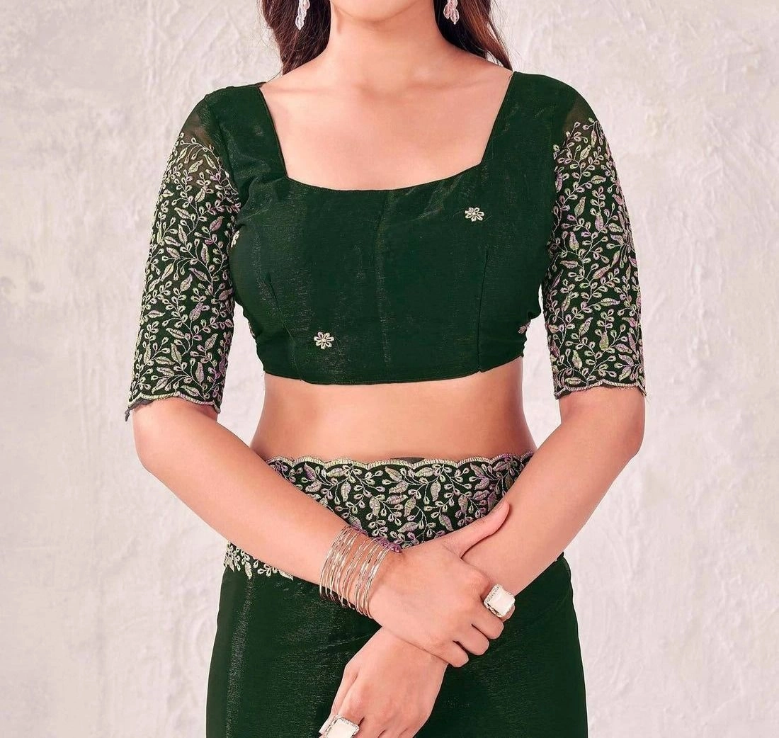 Tryloom Dark Green Chiffon Embroidery Saree 5