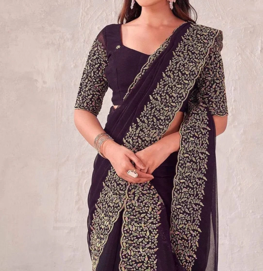 Tryloom Dark Green Chiffon Embroidery Saree 8