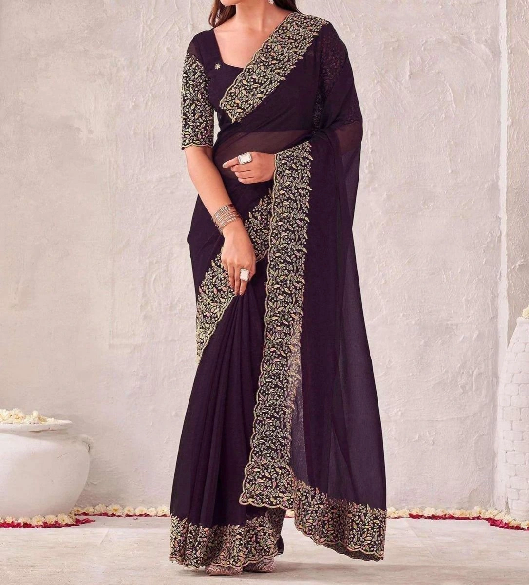 Tryloom Dark Green Chiffon Embroidery Saree 2