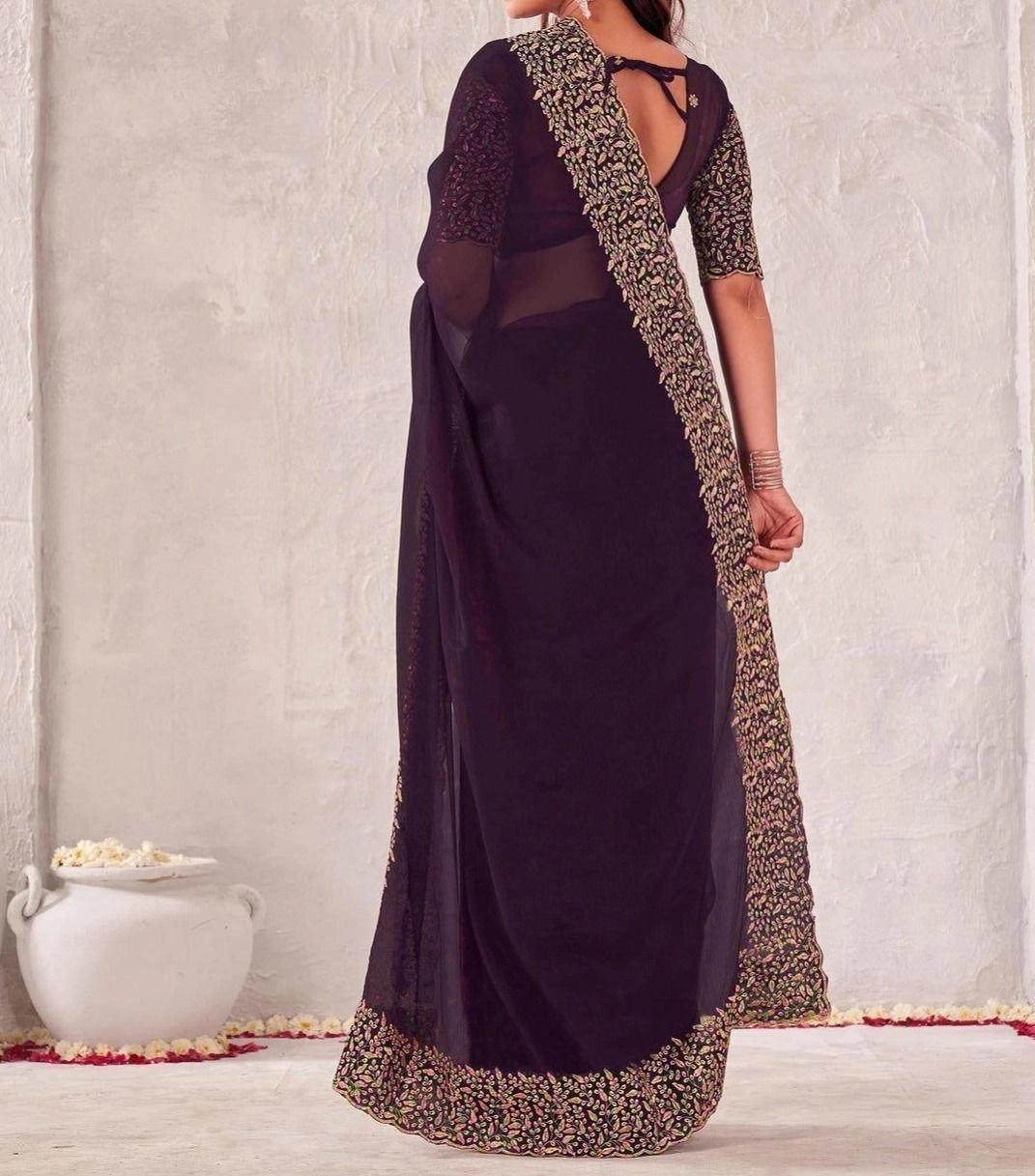 Tryloom Dark Green Chiffon Embroidery Saree 9