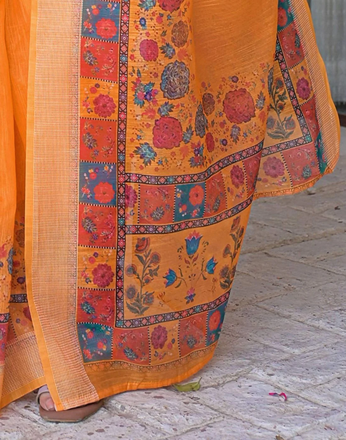 Tryloom Ready To Wear Orange Linen Printed Embroidery Border Saree 9