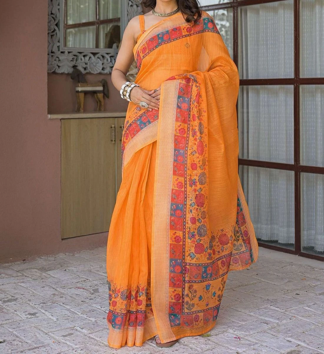 Tryloom Ready To Wear Orange Linen Printed Embroidery Border Saree 7