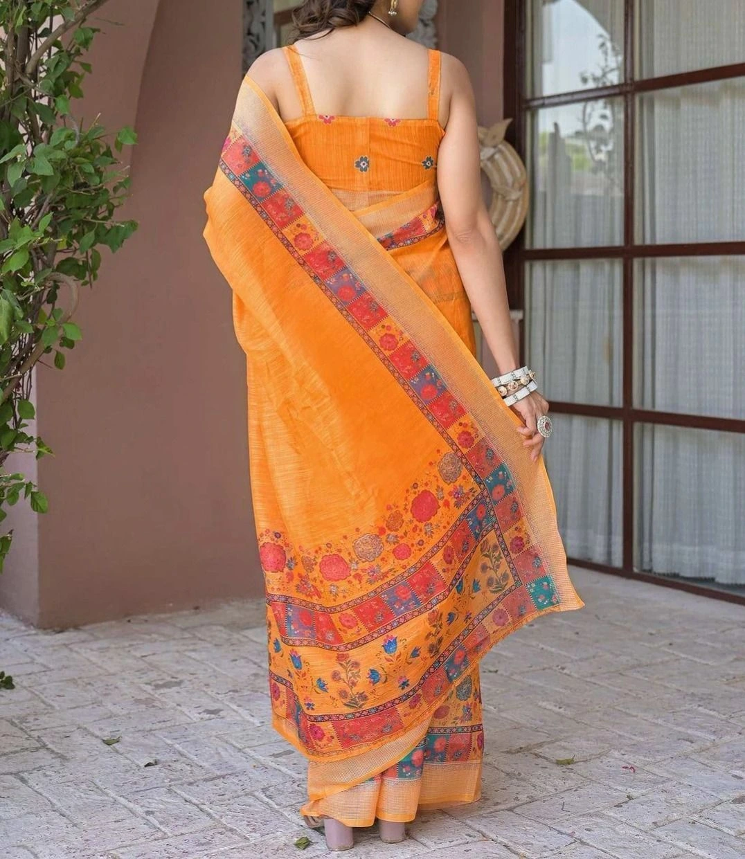 Tryloom Ready To Wear Orange Linen Printed Embroidery Border Saree 6