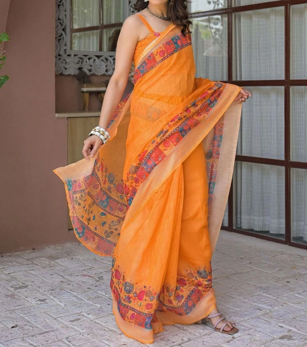 Tryloom Ready To Wear Orange Linen Printed Embroidery Border Saree 1