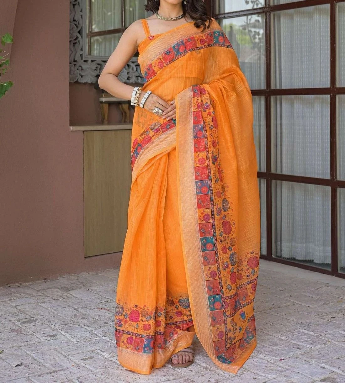 Tryloom Ready To Wear Orange Linen Printed Embroidery Border Saree 2