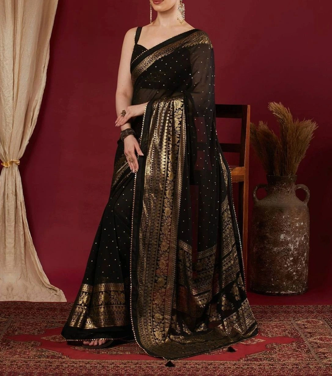 Tryloom Black Georgette Foil Printed Saree 3