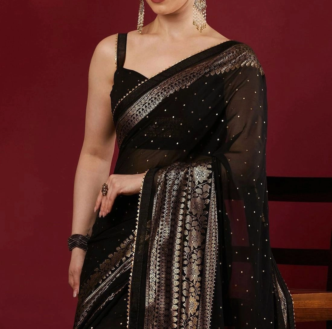 Tryloom Black Georgette Foil Printed Saree 2