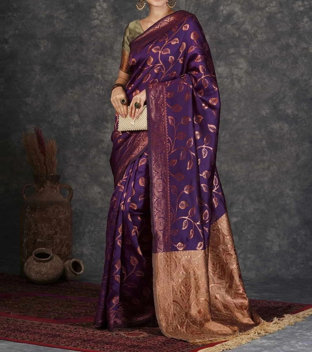 Tryloom Dark Purple Silk Woven Banarasi Saree 1