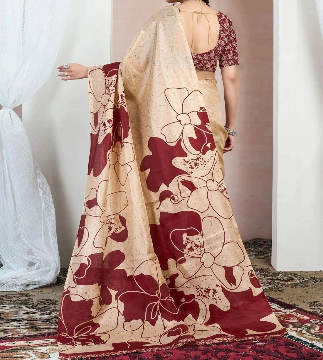 Tryloom Beige Bhagalpuri Silk Printed Saree 7