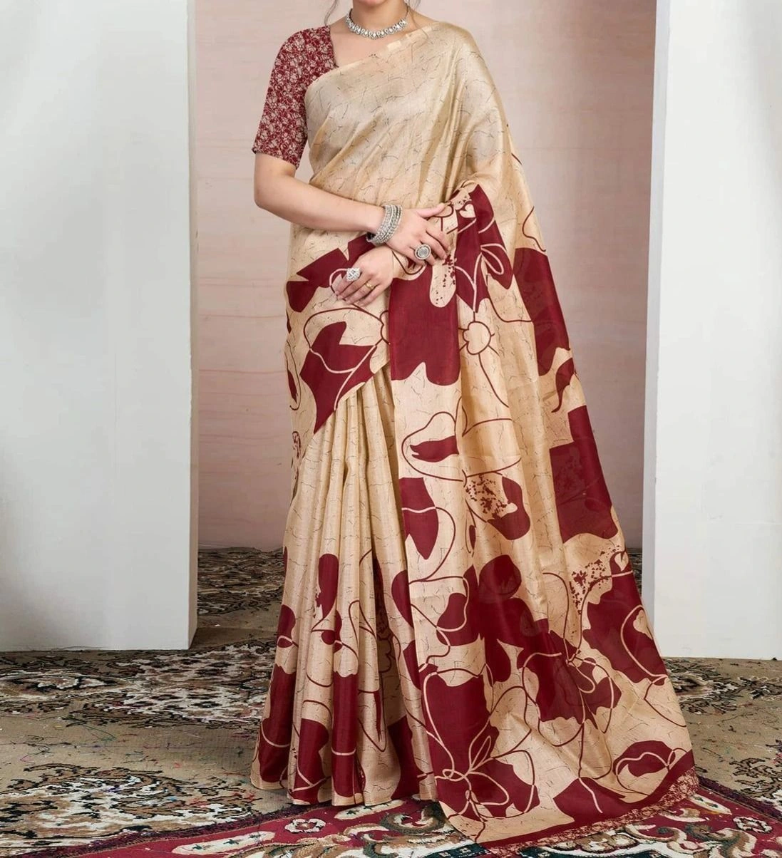 Tryloom Beige Bhagalpuri Silk Printed Saree 6