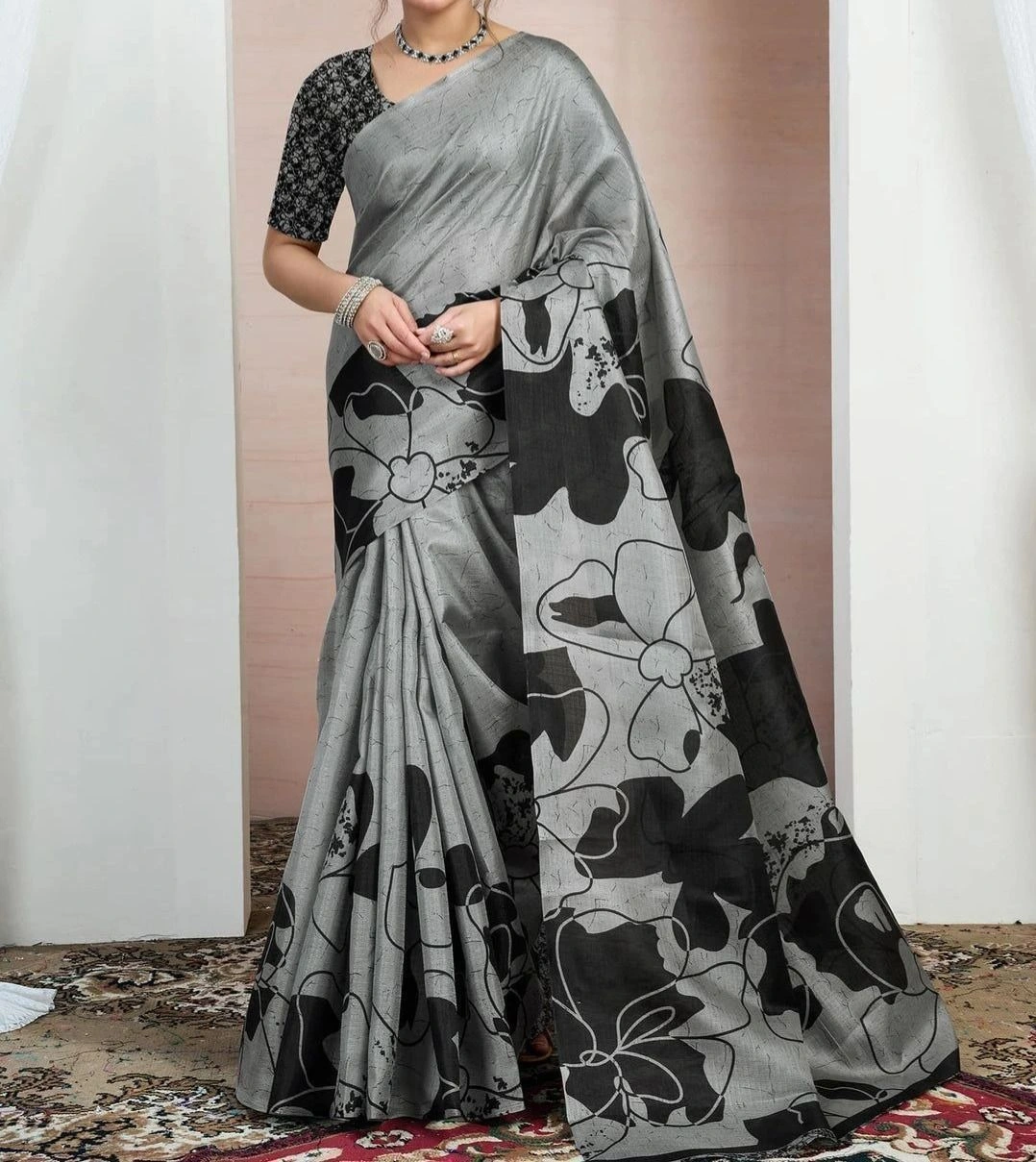 Tryloom Beige Bhagalpuri Silk Printed Saree 5
