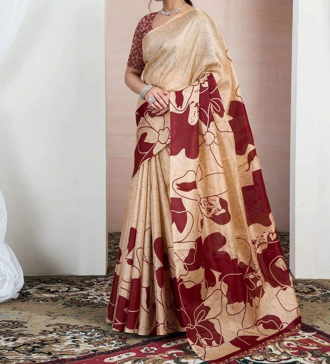 Tryloom Beige Bhagalpuri Silk Printed Saree 4