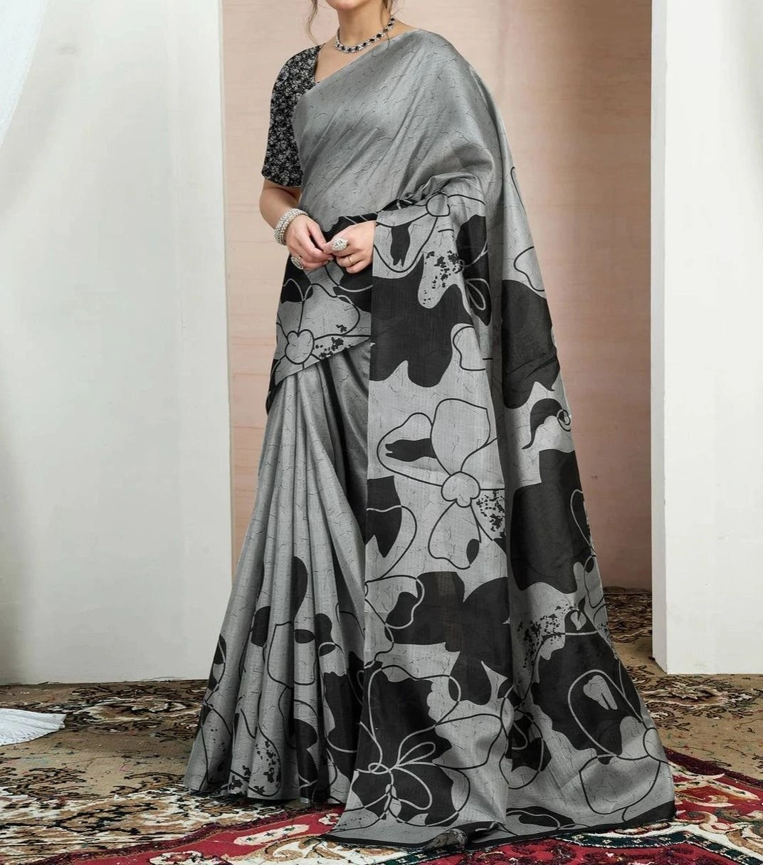 Tryloom Beige Bhagalpuri Silk Printed Saree 2