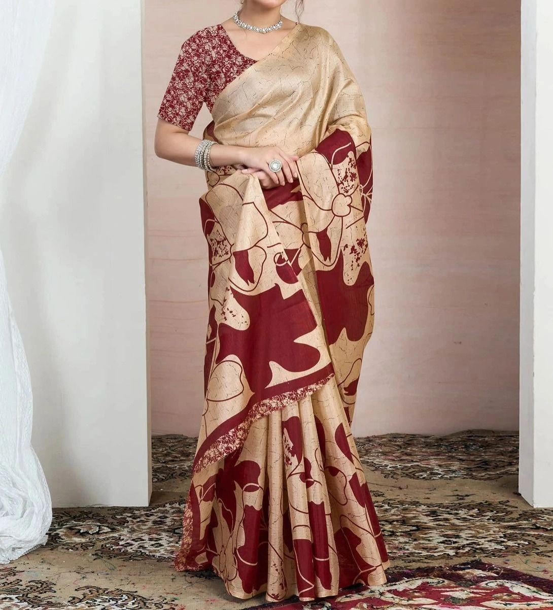 Tryloom Beige Bhagalpuri Silk Printed Saree 1