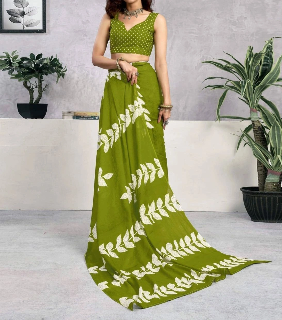 Tryloom Ready To Wear Green Cotton Printed Saree 7