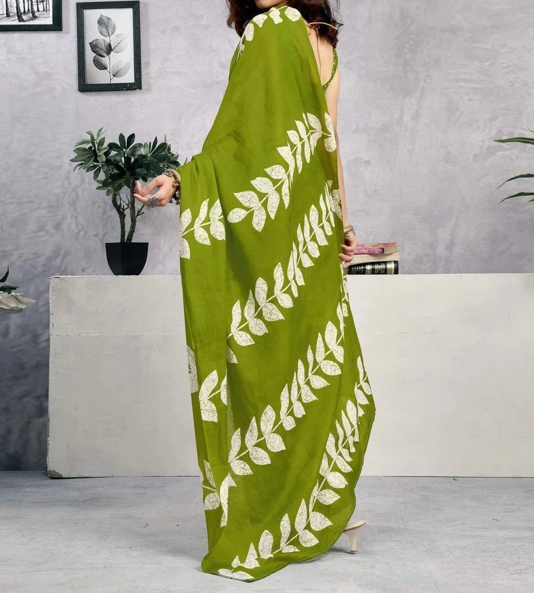 Tryloom Ready To Wear Green Cotton Printed Saree 5