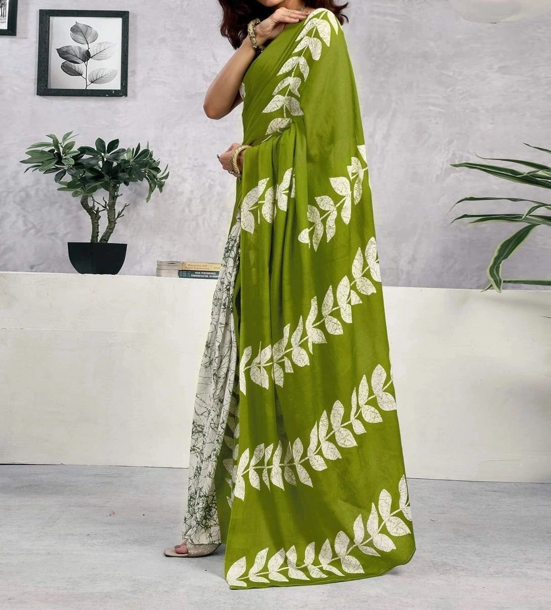 Tryloom Ready To Wear Green Cotton Printed Saree 4