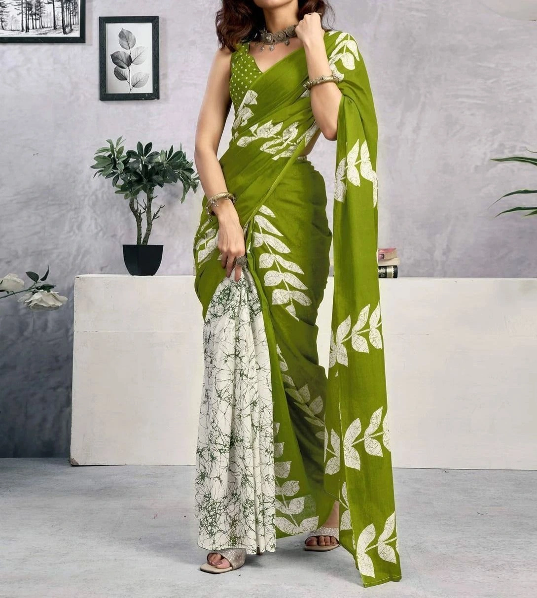 Tryloom Ready To Wear Green Cotton Printed Saree 3