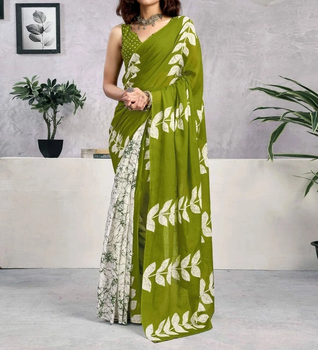 Tryloom Ready To Wear Green Cotton Printed Saree 1