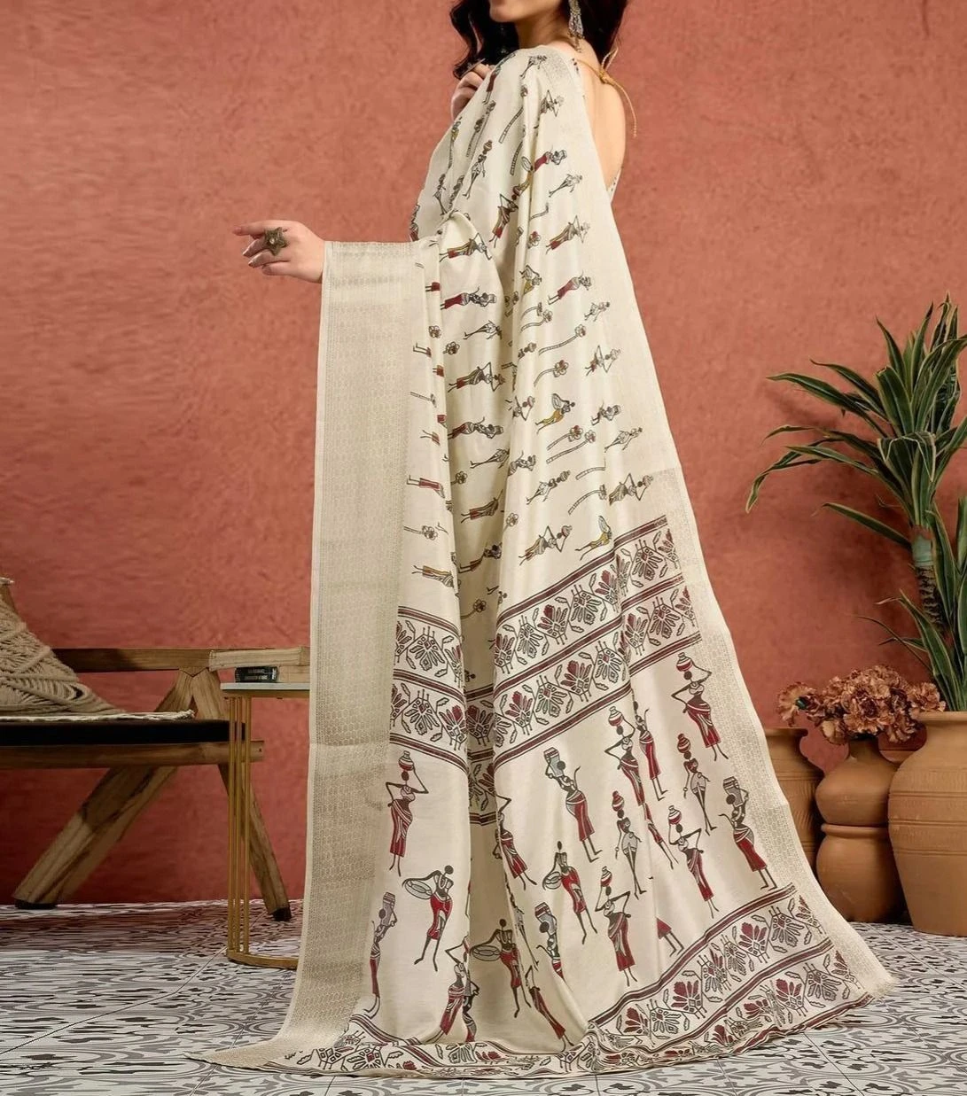 Tryloom Off White Silk Warli Printed Onam Saree 6