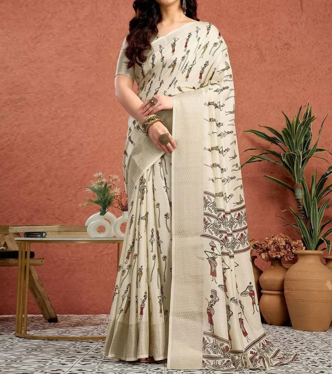 Tryloom Off White Silk Warli Printed Onam Saree 1