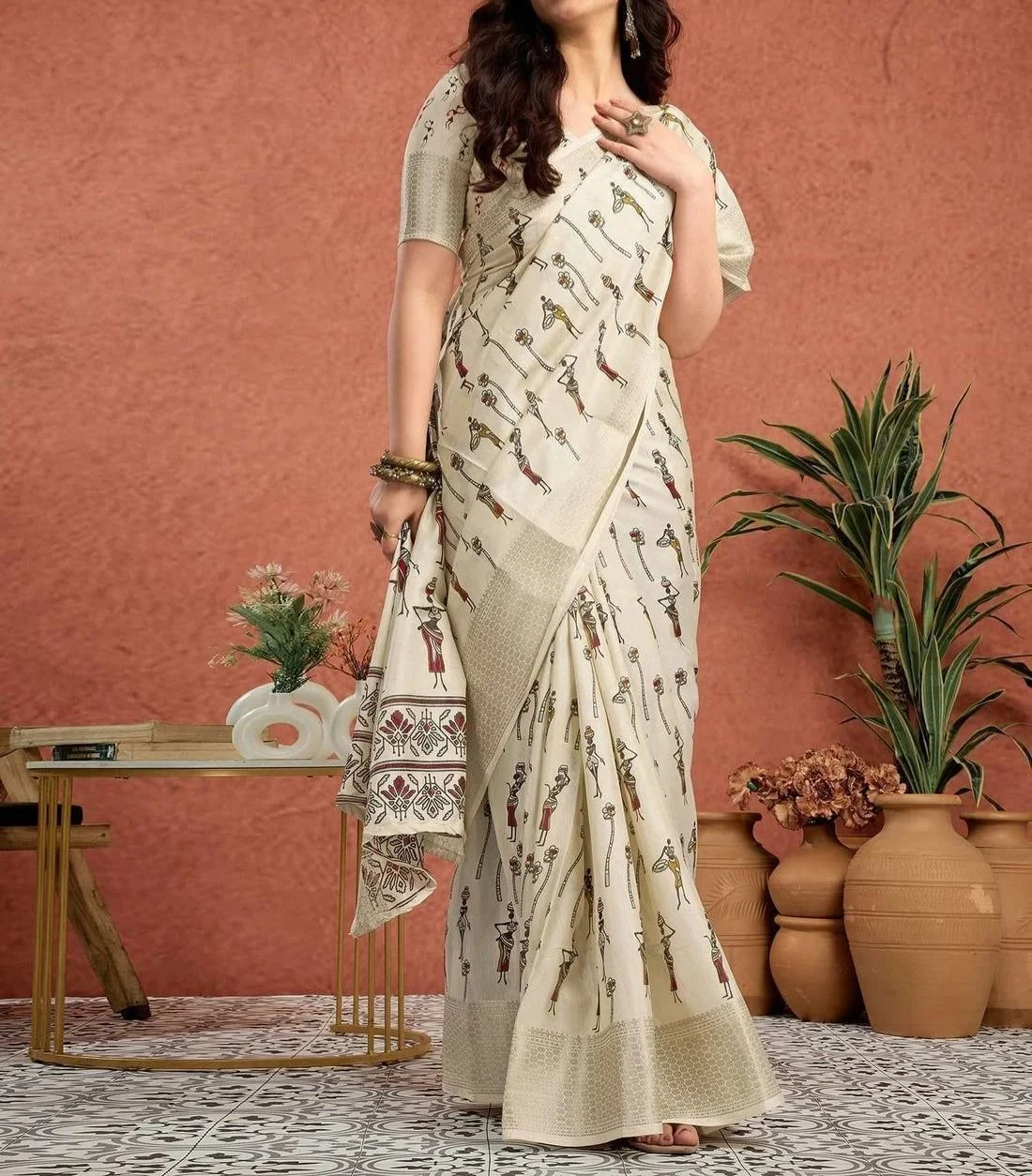 Tryloom Off White Silk Warli Printed Onam Saree 3