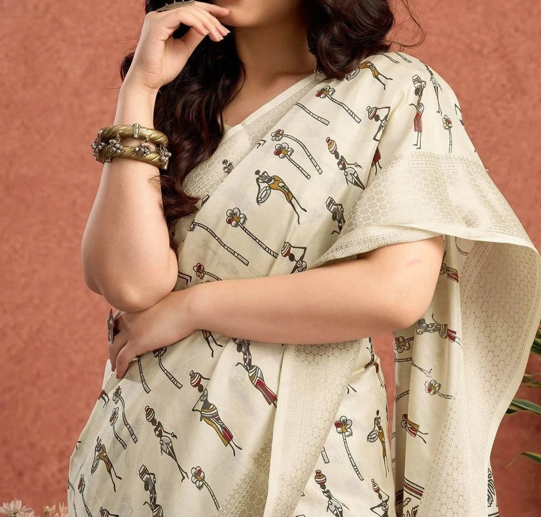 Tryloom Off White Silk Warli Printed Onam Saree 4