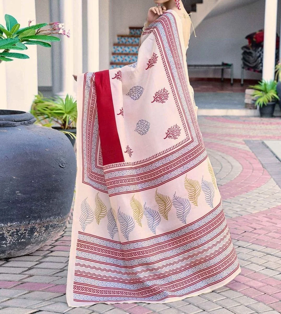 Tryloom Off White Cotton Blend Printed Onam Saree 11