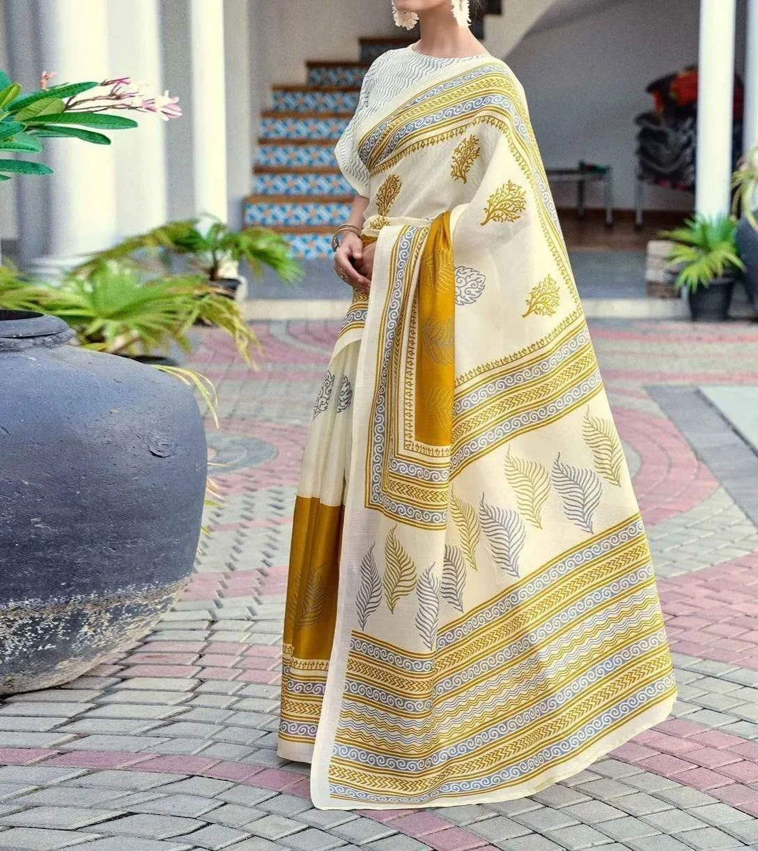 Tryloom Off White Cotton Blend Printed Onam Saree 8