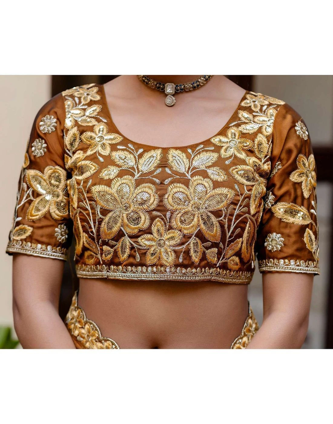 Tryloom Brown Silk Sequence Embroidery Lace Saree 13