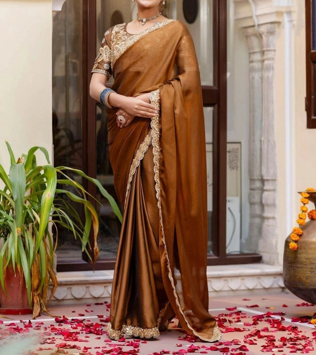 Tryloom Brown Silk Sequence Embroidery Lace Saree 10