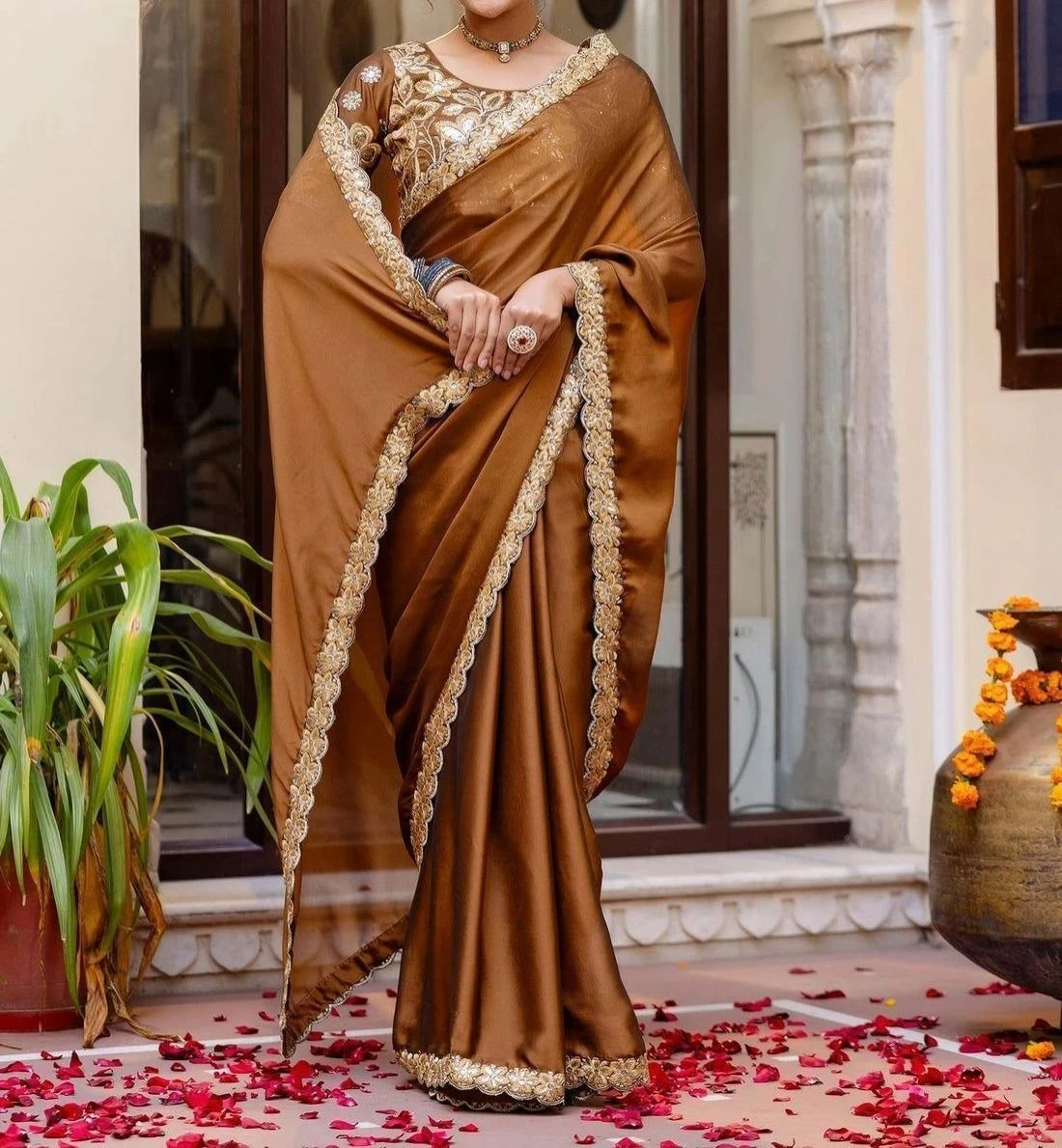 Tryloom Brown Silk Sequence Embroidery Lace Saree 8